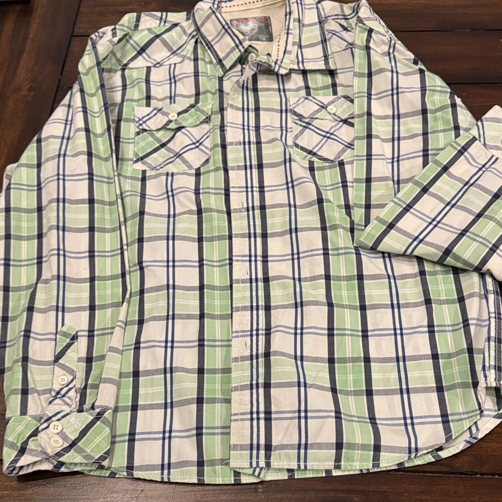 Boy’s Green and White Plaid Button-Up Shirt